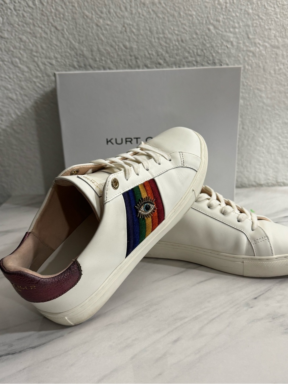 Kurt Geiger White Leather Sneakers with Rainbow Stripe Eye Patch